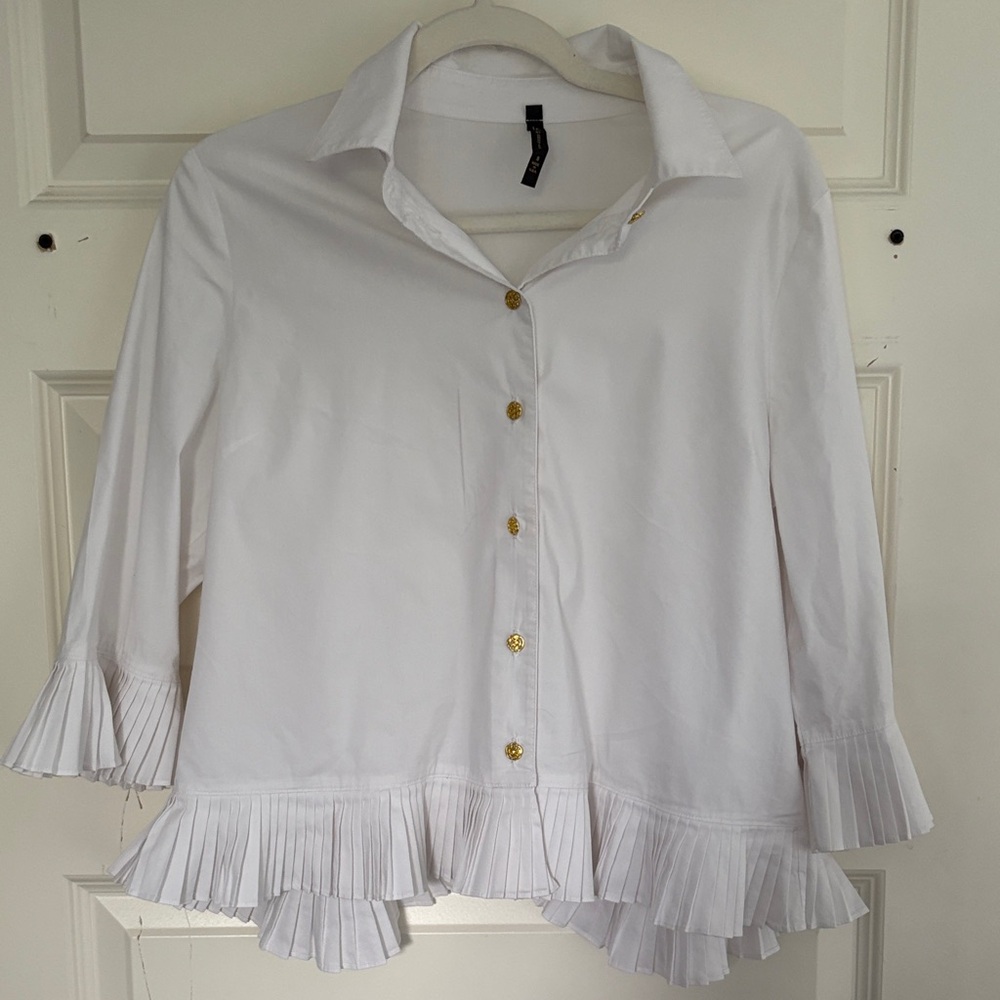 Elegant White Button-Down Shirt with Ruffle Details